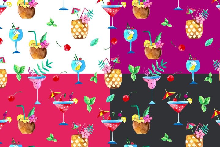 Cocktails Watercolor Vector Seamless Free Pattern
