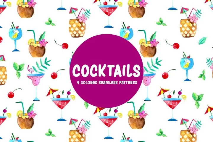 Cocktails Watercolor Vector Seamless Free Pattern