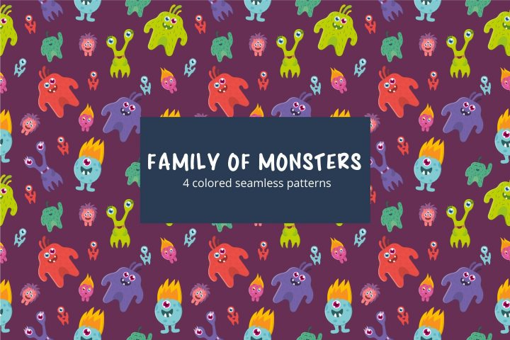 Monsters Family Vector Free Seamless Pattern