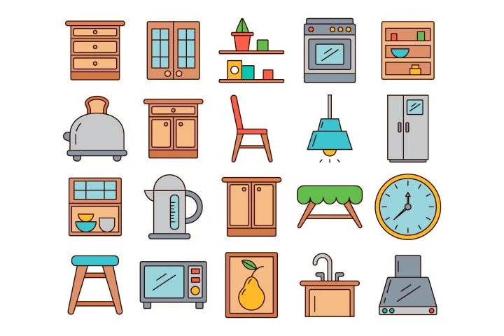 Kitchen Furniture and Equipment Vector Free Icon Set