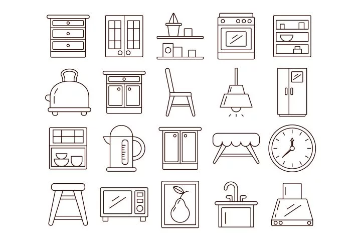 Kitchen Furniture and Equipment Vector Free Icon Set