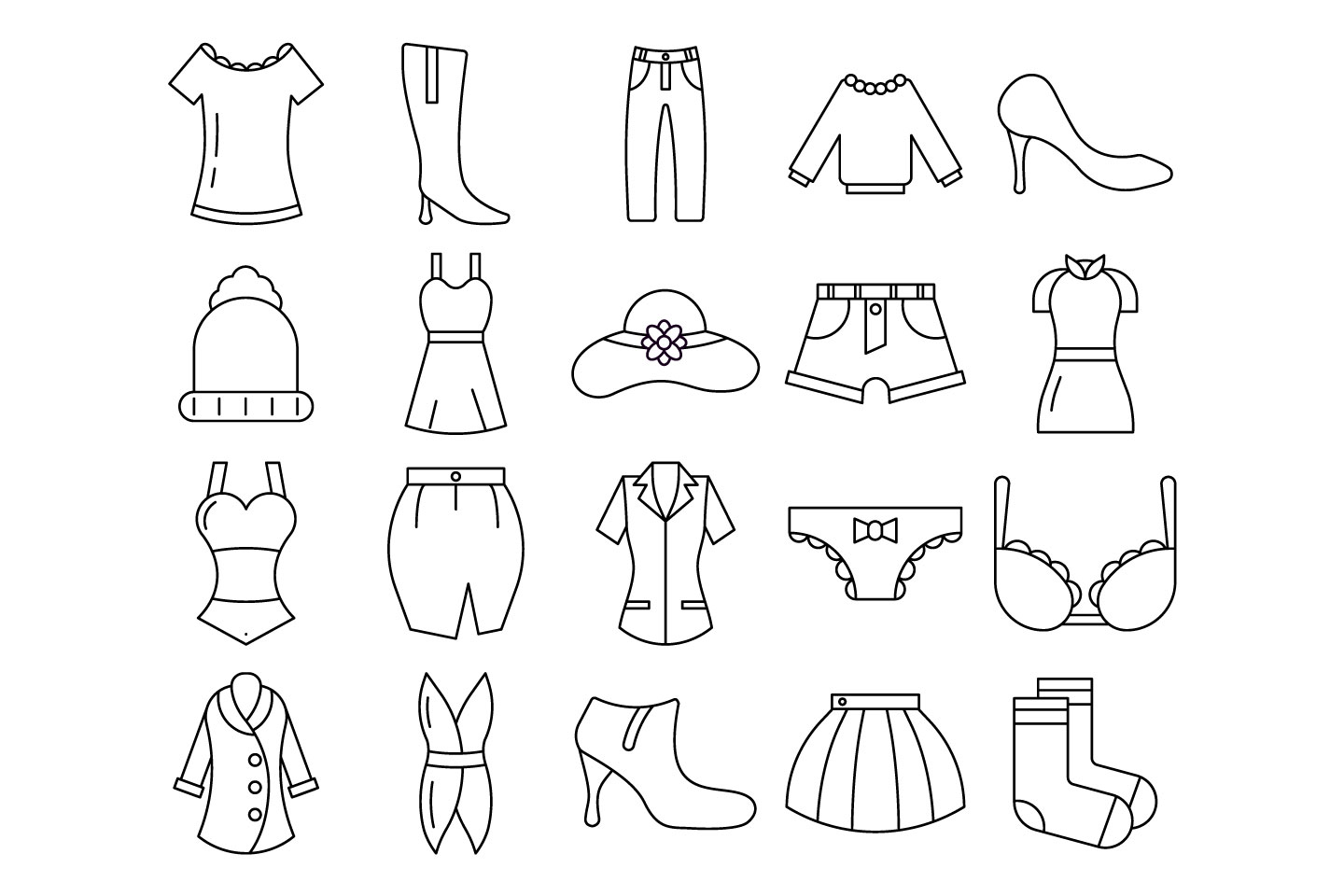 Vetor de Set of vector icons with clothes. Women apparel. Line