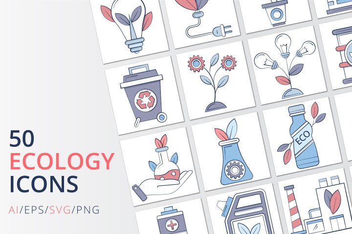 50 Ecology Icons (AI, EPS, SVG, PNG files)