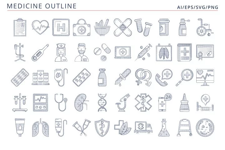50 Medicine Icons (AI, EPS, SVG, PNG files)