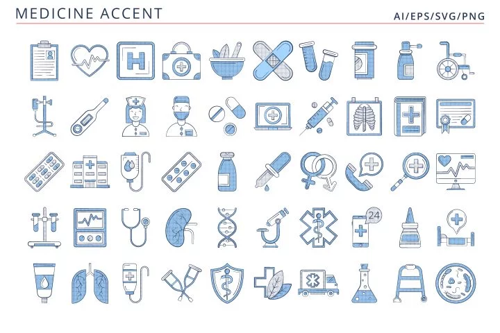 50 Medicine Icons (AI, EPS, SVG, PNG files)