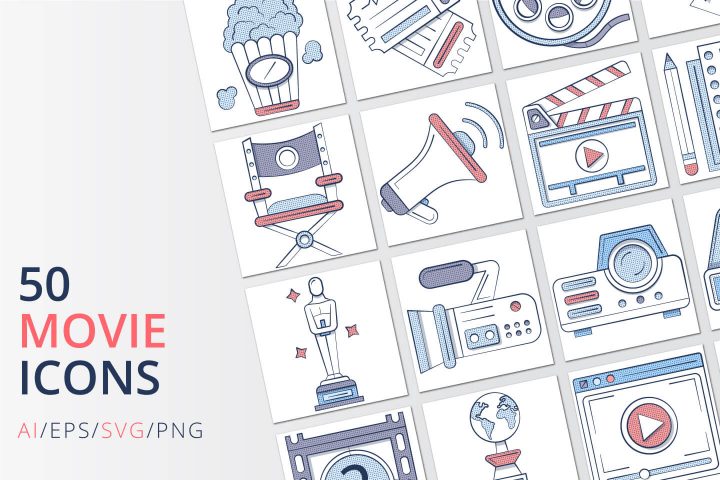 50 Movie Icons (AI, EPS, SVG, PNG files)