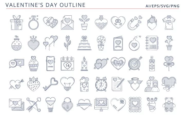 50 Valentine’s Day icons (AI, EPS, SVG, PNG files)