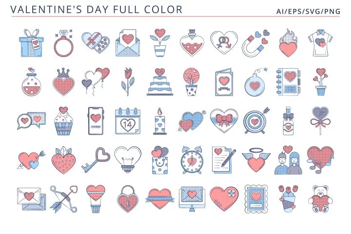 50 Valentine’s Day icons (AI, EPS, SVG, PNG files)