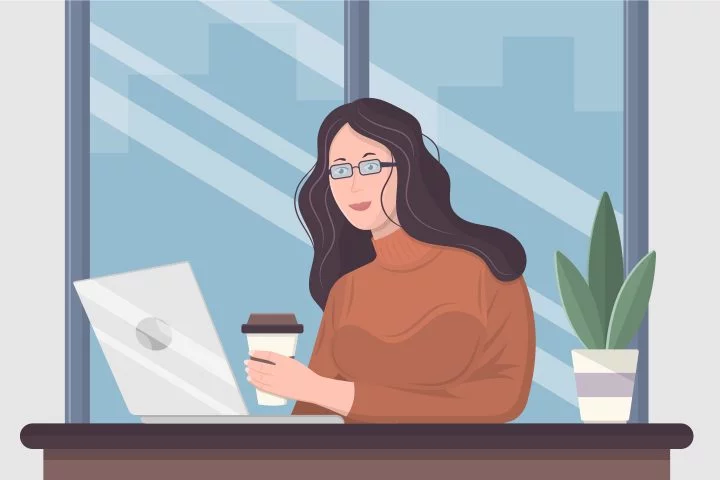A Girl Sits at aTable With a Cup of Coffee and a Laptop Flat Design