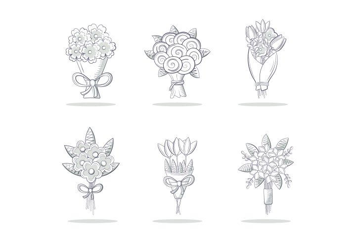 Arrangement of Various Bouquets of Flowers Monochrome
