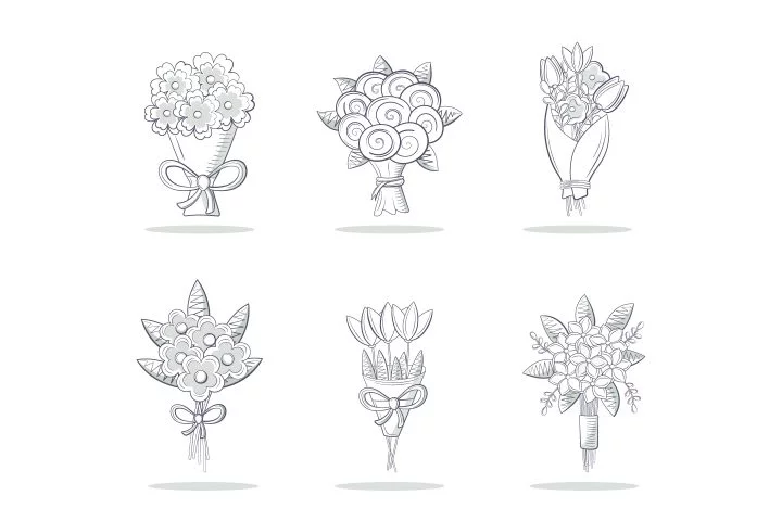 Arrangement of Various Bouquets of Flowers Monochrome