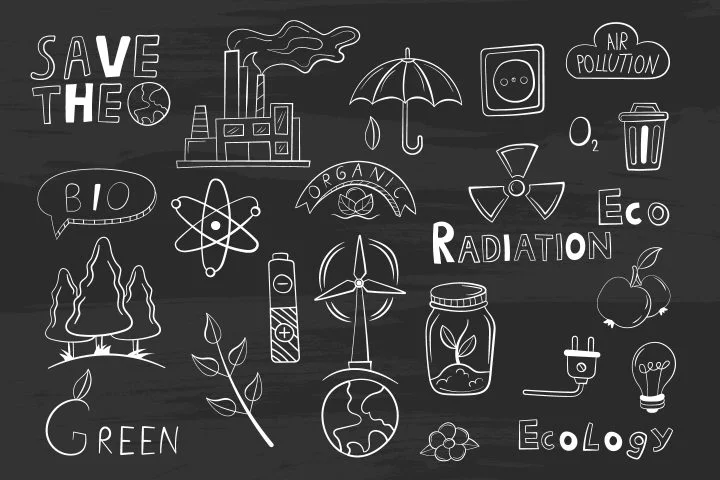 Collection of Objects on a Gray Board on the Theme of Ecology Vector Design