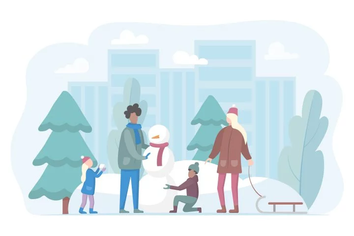 Family Makes a Snowman in Winter in a City Park Illustration
