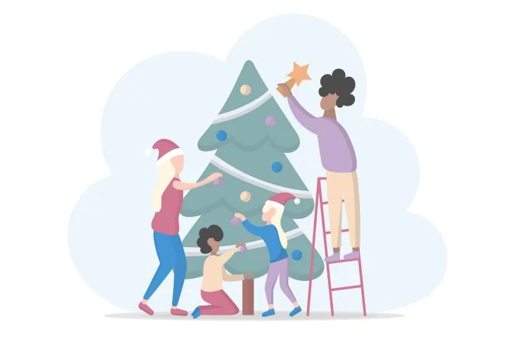 Family Decorate Christmas Tree Free Flat Design