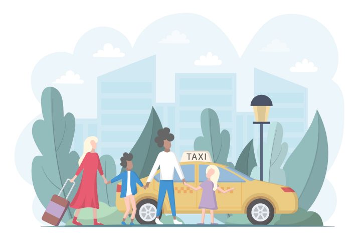 Family With Children Goes to a Taxi Illustration