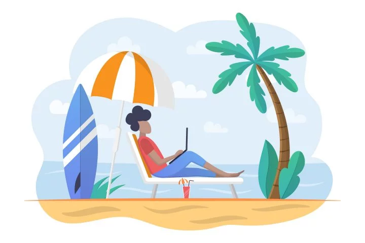 The Guy on the Beach at the Laptop Concept
