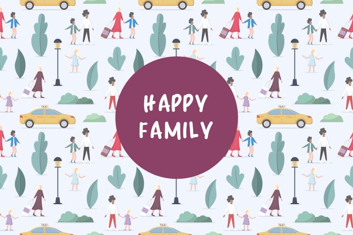 Parents With Children go to a Taxi Vector Seamless Pattern