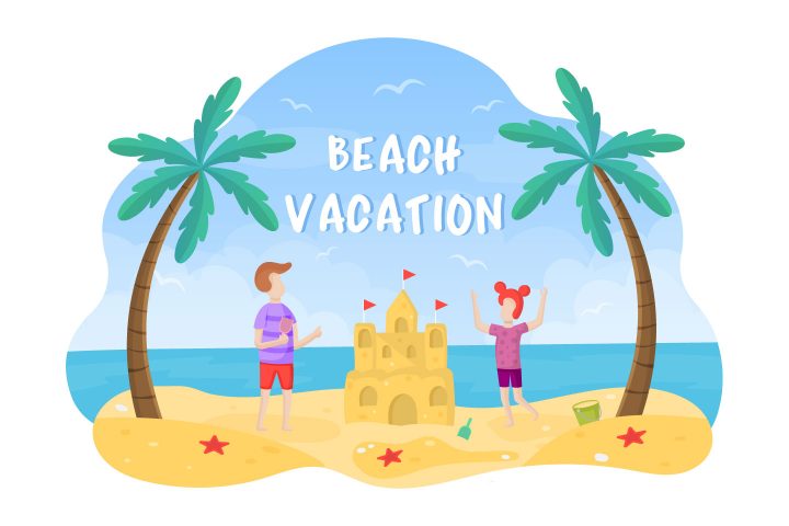 Beach Vacation with Children Vector Illustration