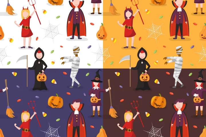 Children Celebrate Halloween Free Vector Seamless Pattern