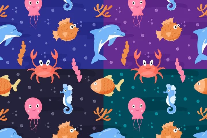 Funny Sea Animals Vector Seamless Pattern