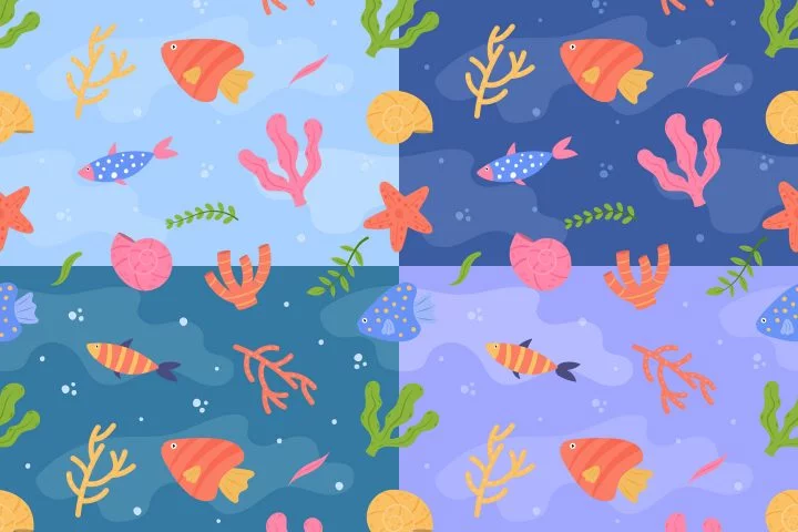 Marine Plants and Fish Vector Seamless Free Pattern