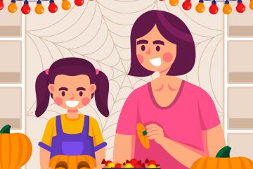 Mom and Daughter preparing Halloween Decorations