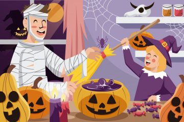 Father and Daughter preparing Halloween Party